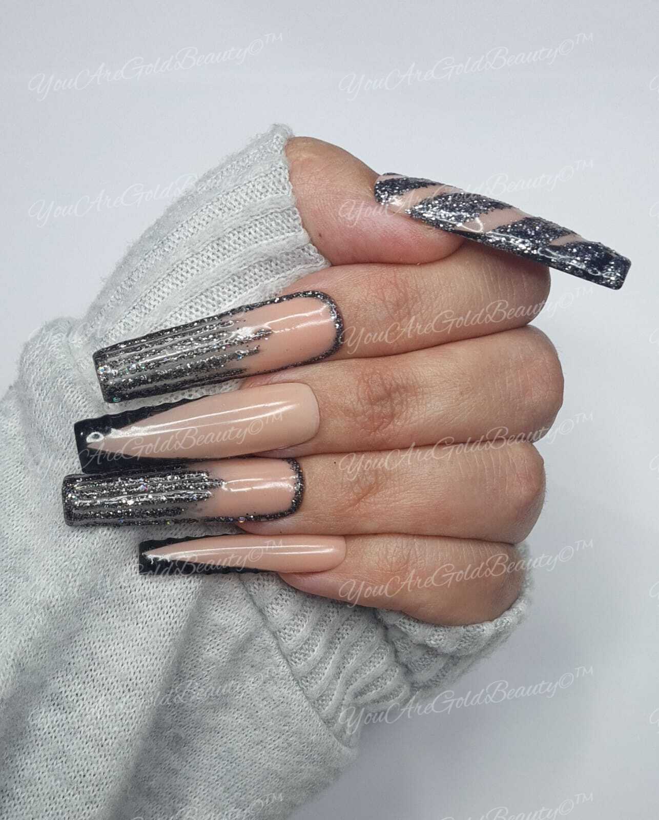 Press On Nails UK - Amaya - Black Icy Glitter Square Nails