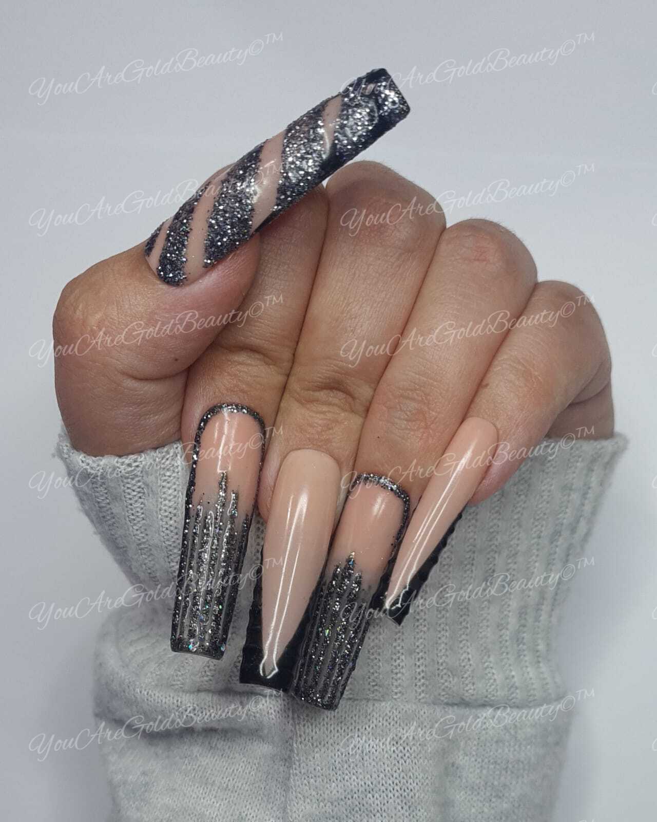 Press On Nails UK - Amaya - Black Icy Glitter Square Nails
