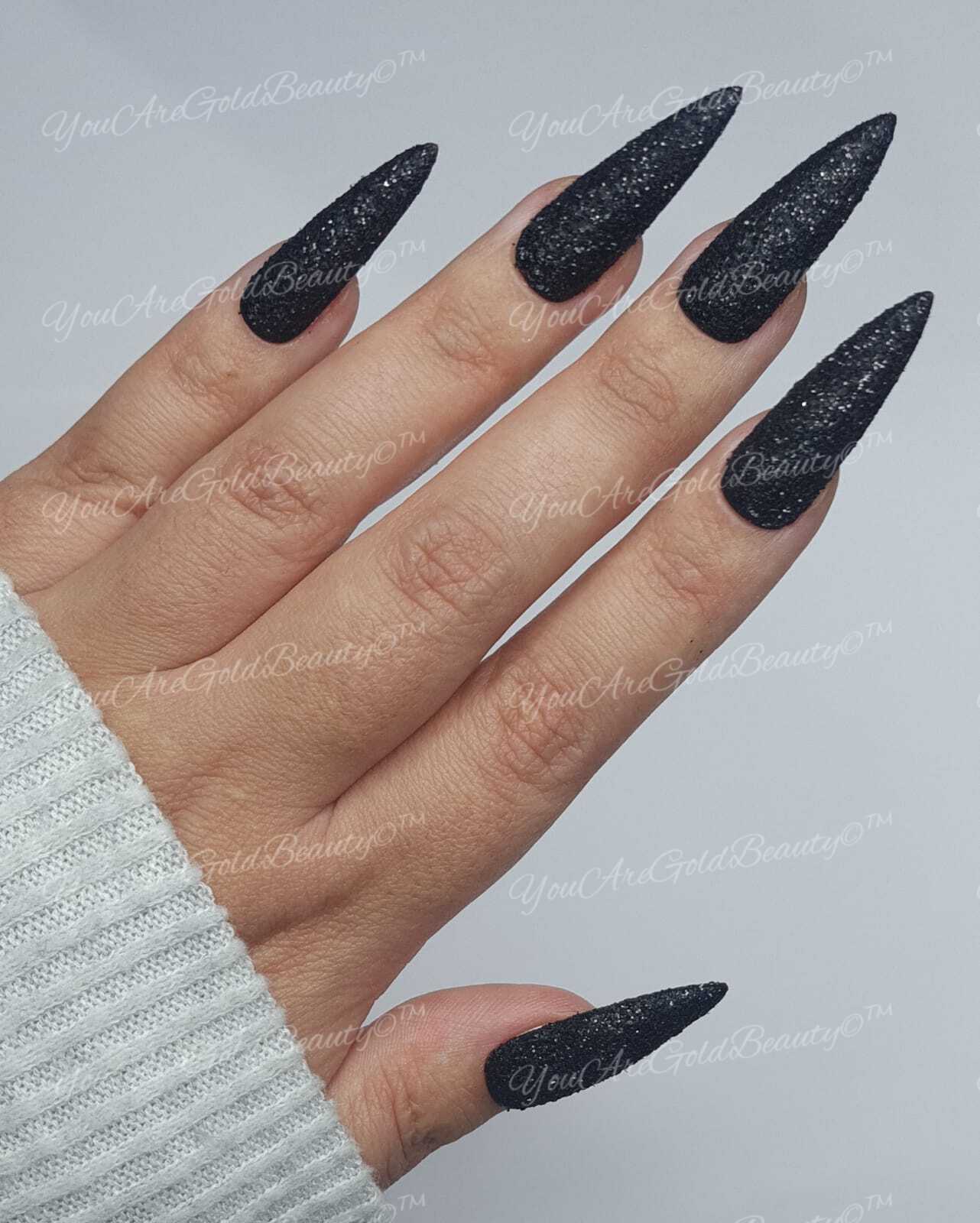 Glossy Short Oval Nails Black Glitter Solid Color Press - Temu Portugal