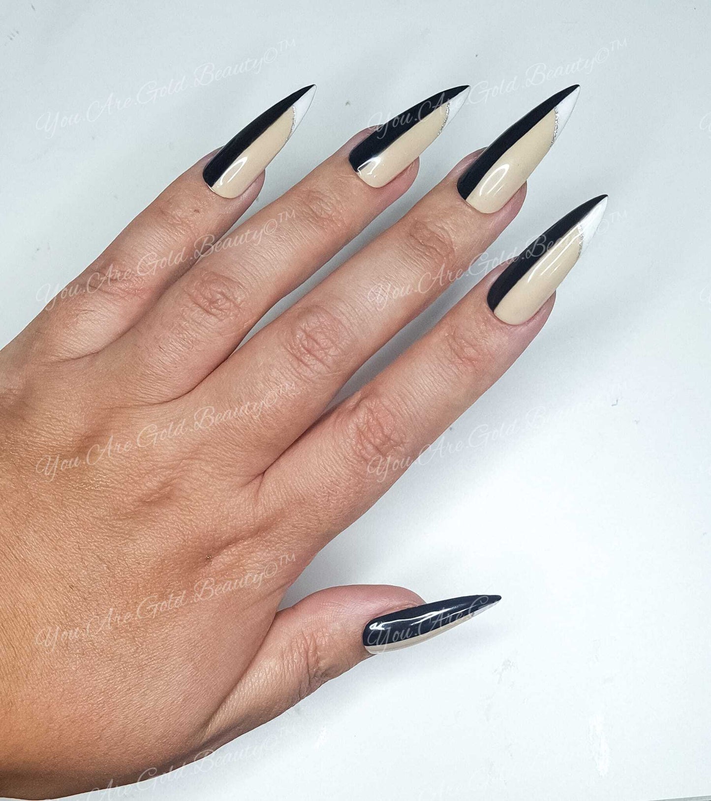 CoCo Press On Nails- Stiletto Shaped Black and white Classic half and half detail spring summer collection sexy classy full cover gel tip luxury false nails salon quality hand painted custom made uk COCO half white half black nail designs press on nails uk stiletto shaped nails black and white nails