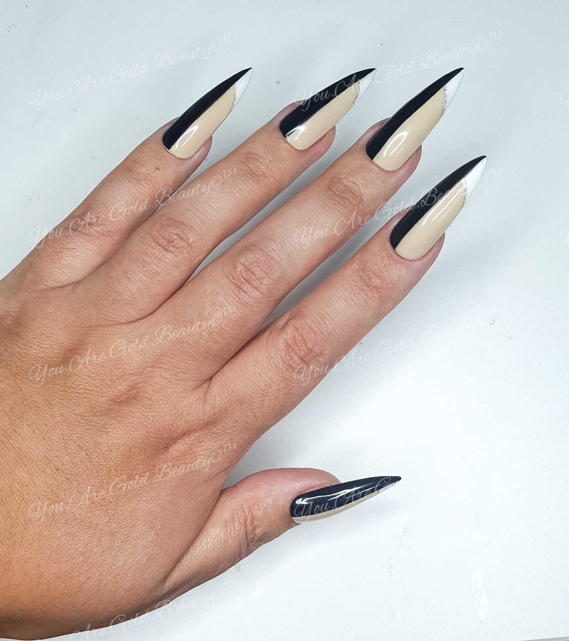 CoCo Press On Nails- Stiletto Shaped Black and white Classic half and half detail spring summer collection sexy classy full cover gel tip luxury false nails salon quality hand painted custom made uk COCO half white half black nail designs press on nails uk stiletto shaped nails black and white nails