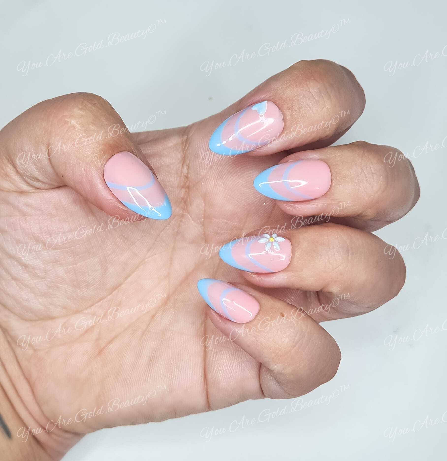 Luxury Press On nails UK, false nails almond nails shape with blue french tip design and flower Mila, press on nails uk, blue, french tip, almond shape nails,