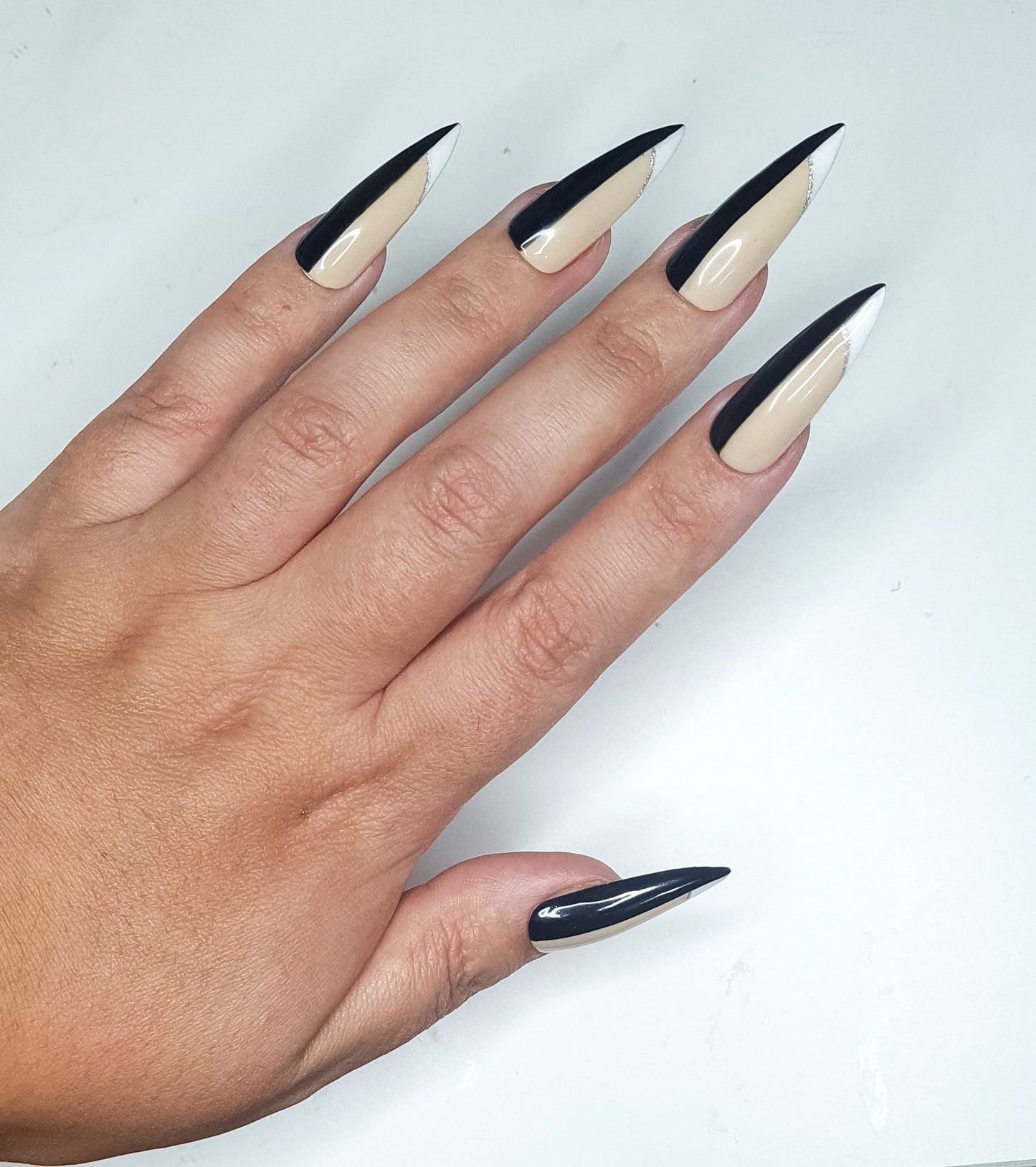 CoCo Press On Nails- Stiletto Shaped Black and white Classic half and half detail spring summer collection sexy classy full cover gel tip luxury false nails salon quality hand painted custom made uk