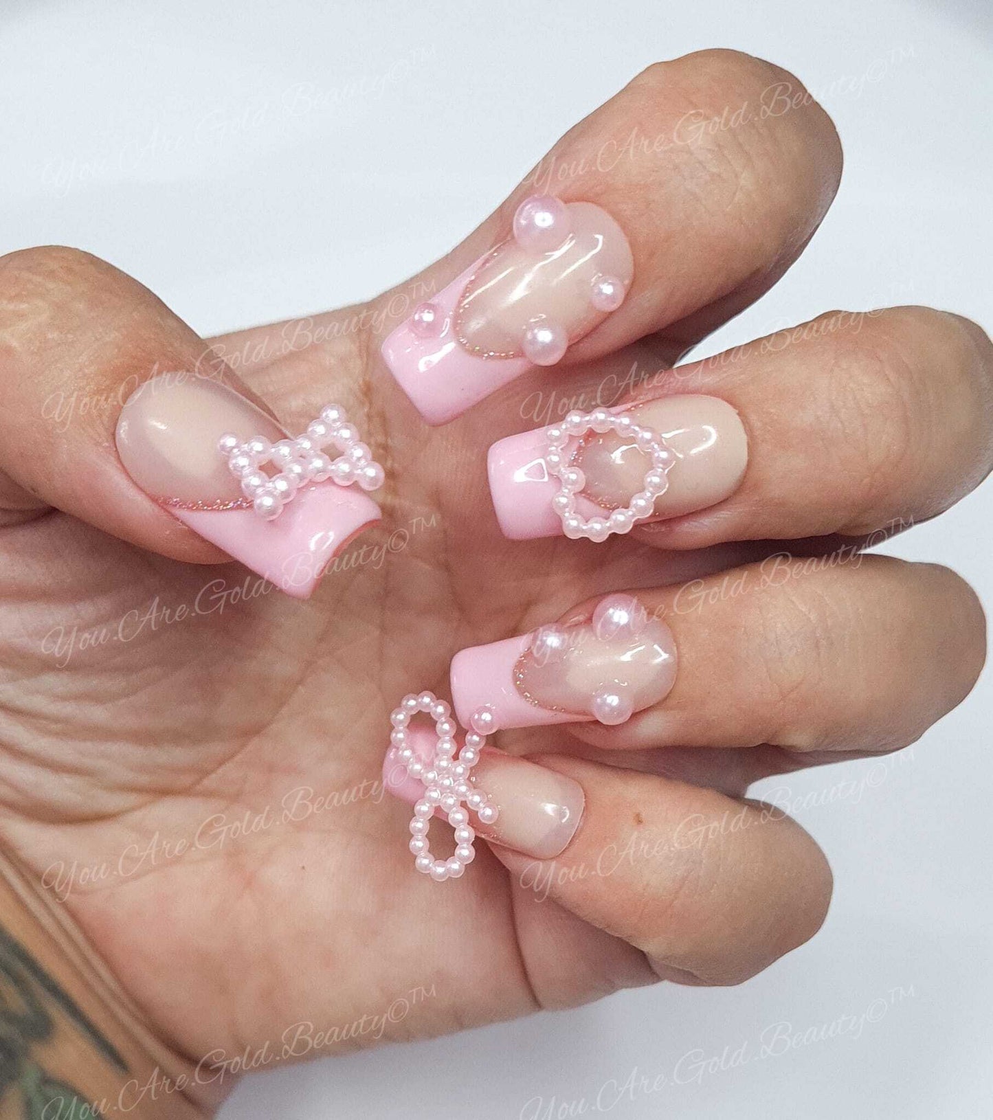 Baby pink french tip square nails glitter french tip  press on nails pearl nail designs