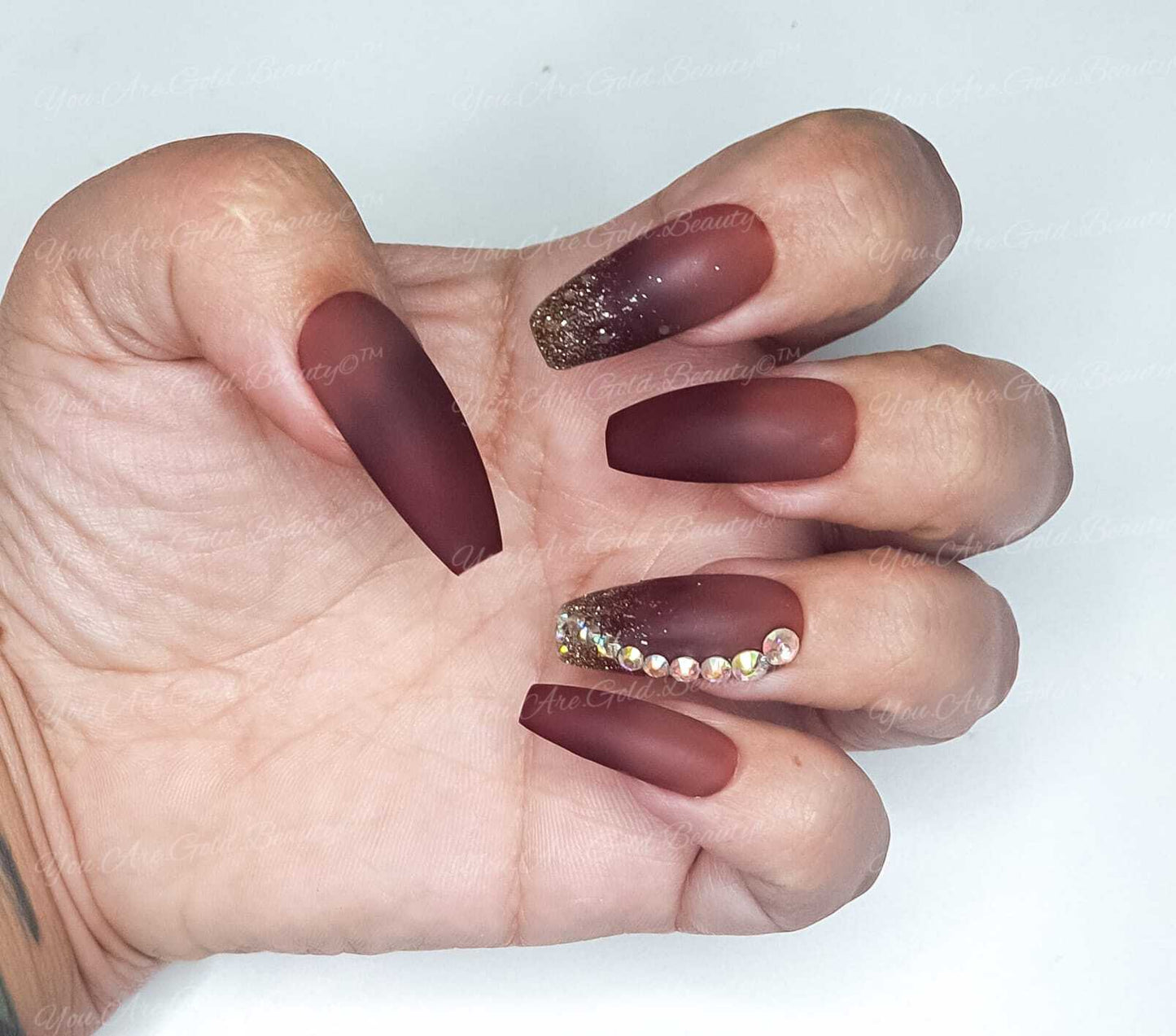 Thermal nails Colour Changing nails Coffin Shaped nails ballerina shape nails Matte Chocolate Brown nails Press On Nails with Gold Glitter and Rhinestone Diamante.  brown nails designs 