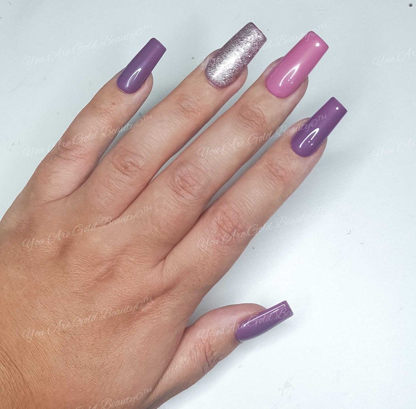 Square Shaped nails Mauve Purple Press On Nails with Shimmer Glitter Accent Nail. Purple nails, glitter nails, press on nails uk, square nails, square shaped nails, mauve nails, medium square nails, 