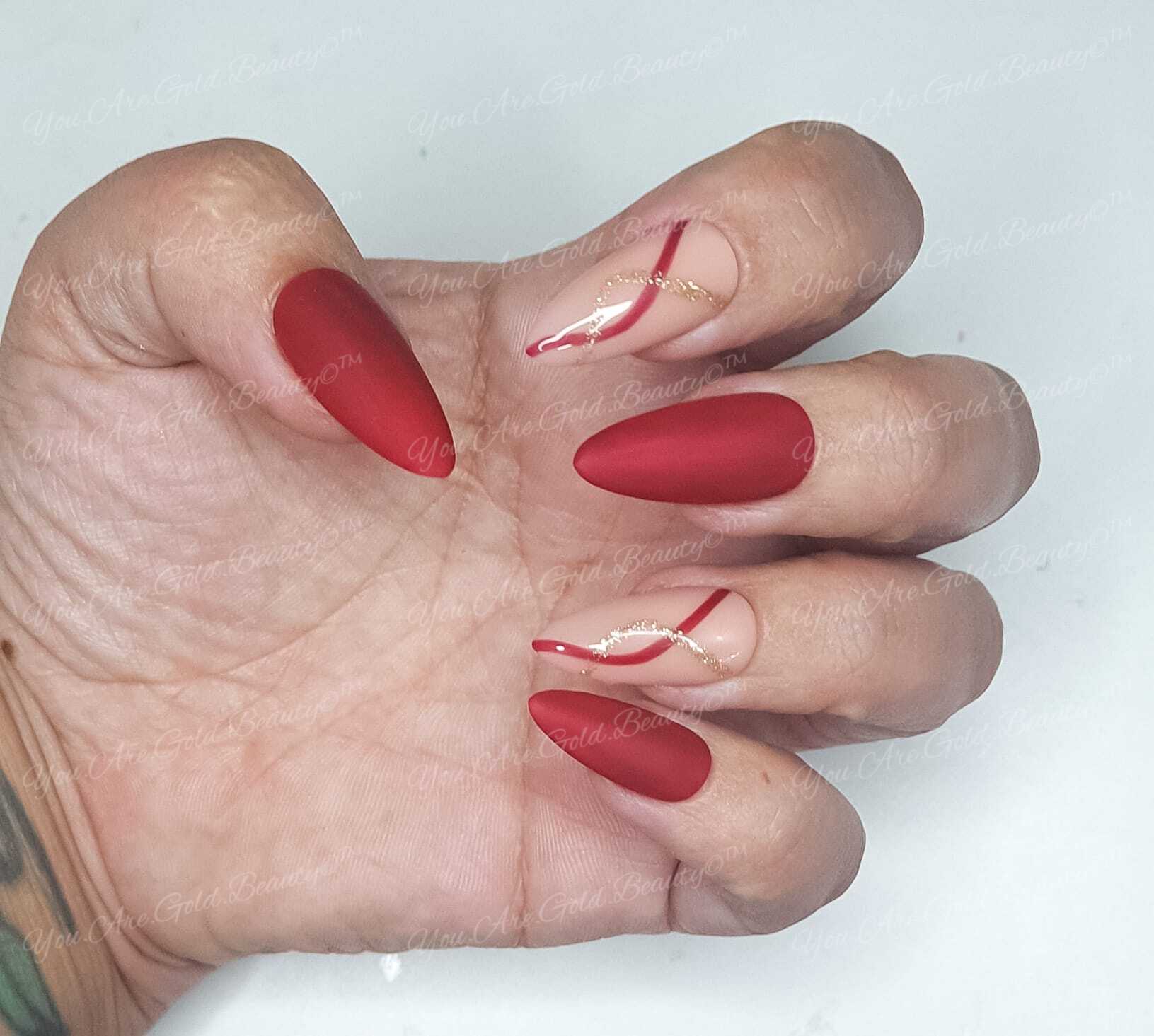 wine Red nails, almond shape nails, press on nails uk, gold and red nail designs, almond shape nails, Luxury press on nails, Rouge nails, red and gold nails, almond nails, almond shaped nails, press on nails uk, red nails, red nails designs, matte red nails, 