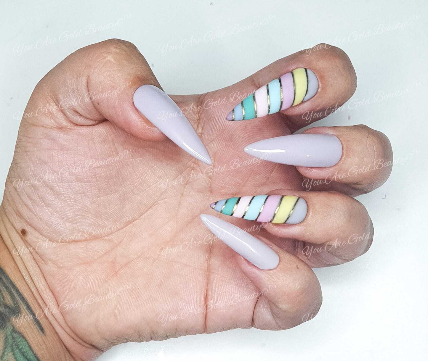 Press On Nails- Stiletto Shaped Pastel Purple Multi Colour Spring/Summer2023 collection full cover gel tip luxury false nails salon quality hand painted custom made uk