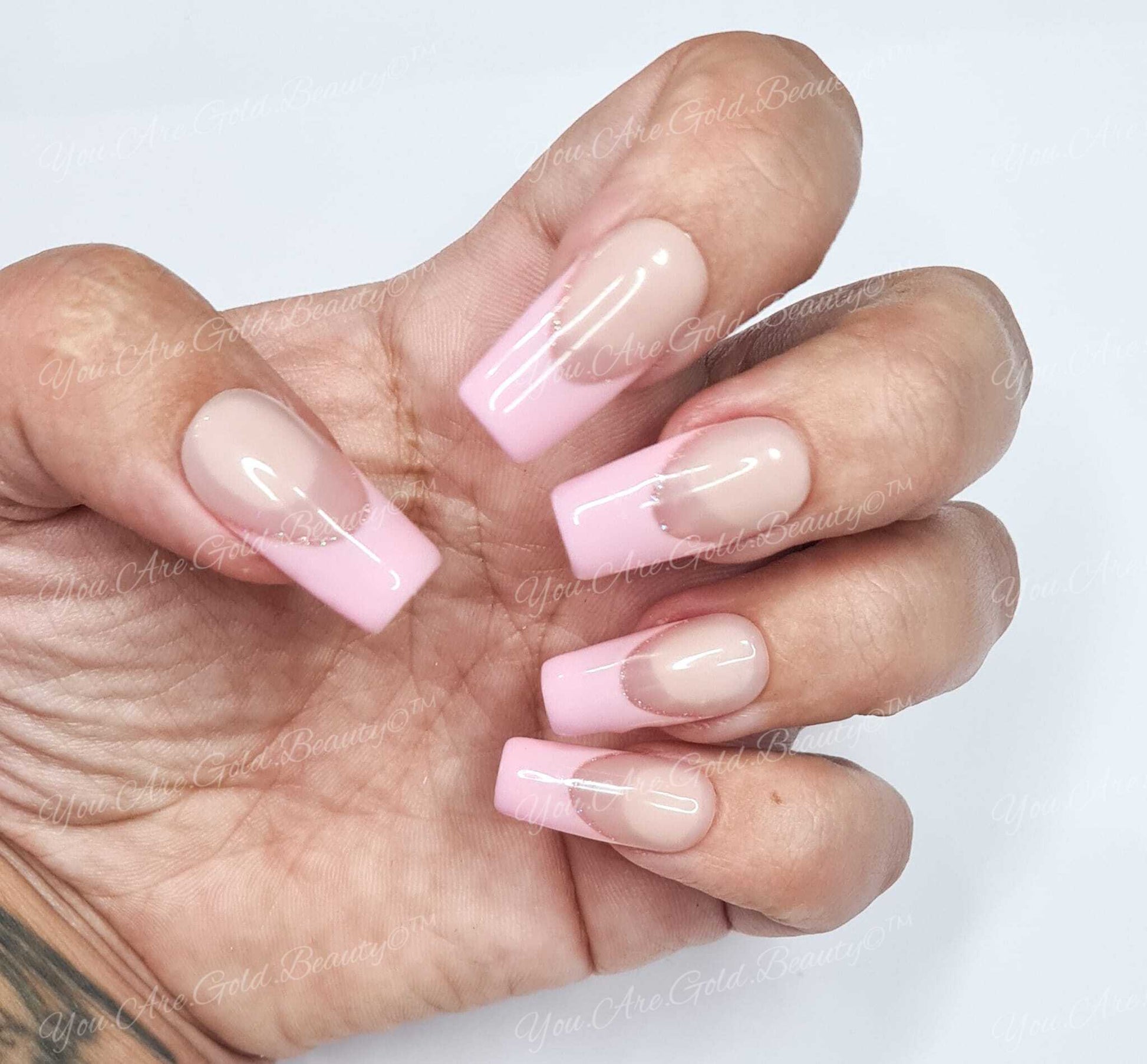 baby pink french tip nails with glitter Medium square nails press on nails uk