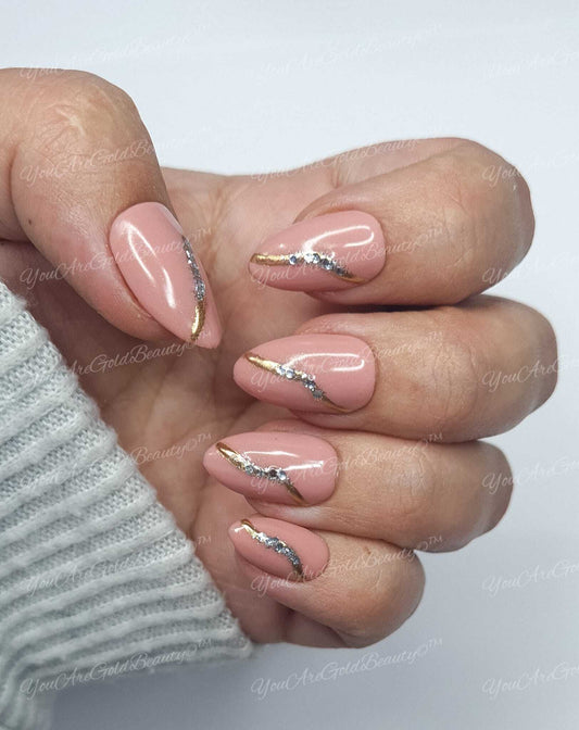Extra Short Almond nails Blush Pink Gold Chrome glitter nails.