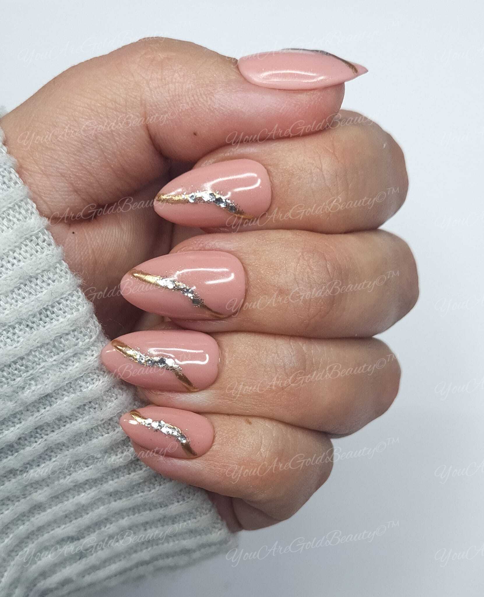 Extra Short Almond nails Blush Pink Gold Chrome glitter nails.