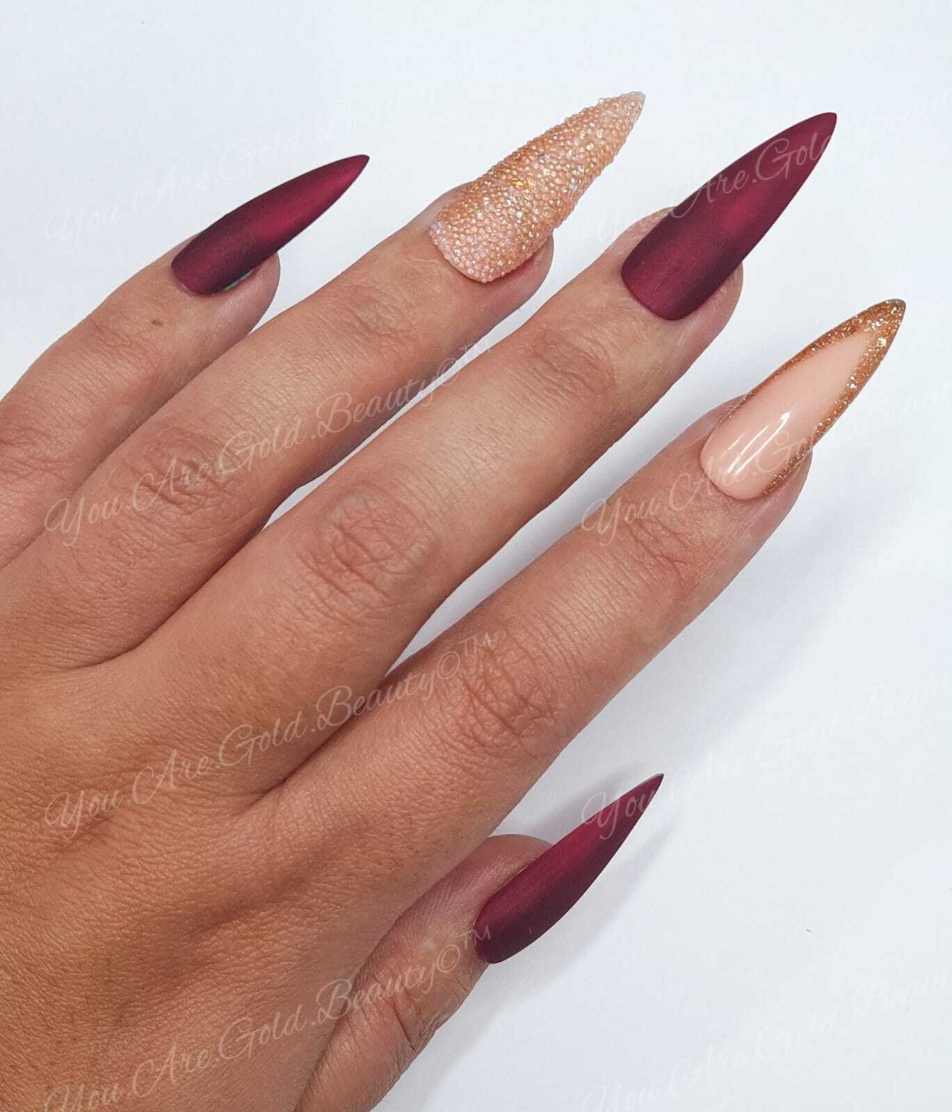 Wine red Stiletto Shaped Press On Nails UK, Red nails, red stiletto nails, stiletto nails, stiletto shaped nails, press on nails uk, rhinestone nails, wine red nails, gold and red nails, gold and red nails designs, matte red nails,