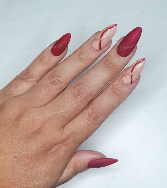 wine Red nails, almond shape nails, press on nails uk, gold and red nail designs, almond shape nails, Luxury press on nails, Rouge nails, red and gold nails, almond nails, almond shaped nails, press on nails uk, red nails, red nails designs, matte red nails, 