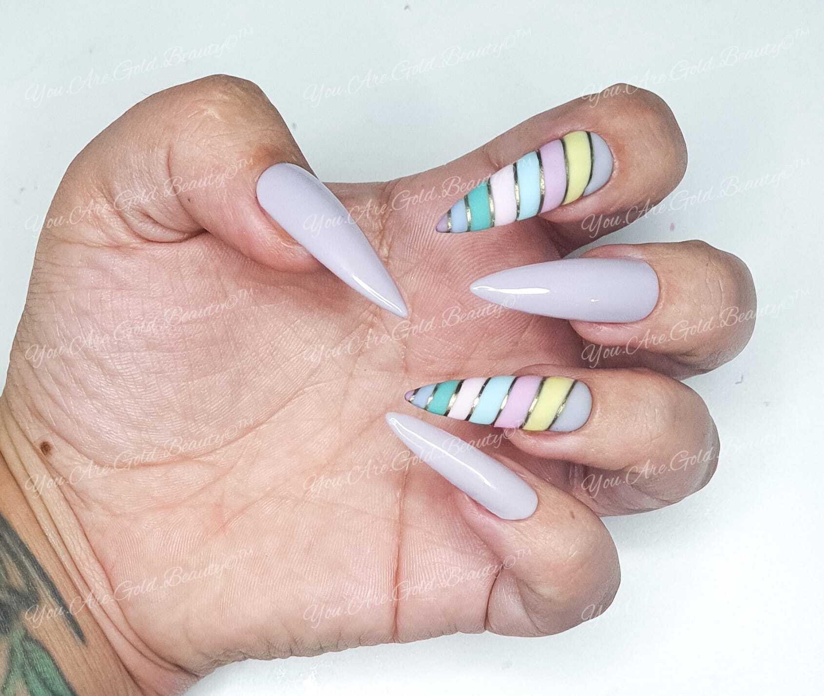 Press On Nails- Stiletto Shaped Pastel Purple Multi Colour Spring/Summer2023 collection full cover gel tip luxury false nails salon quality hand painted custom made uk YOLA, pastel colour nail design, press on nails uk, stiletto shaped nails, stiletto nails, purple nails,