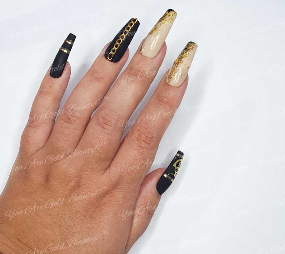 black and gold coffin shaped nails gold leaf nail designs press on nails uk, gold and black nails, coffin nails, coffin shaped nails, press on nails uk, matte black nails, gold nail designs, 