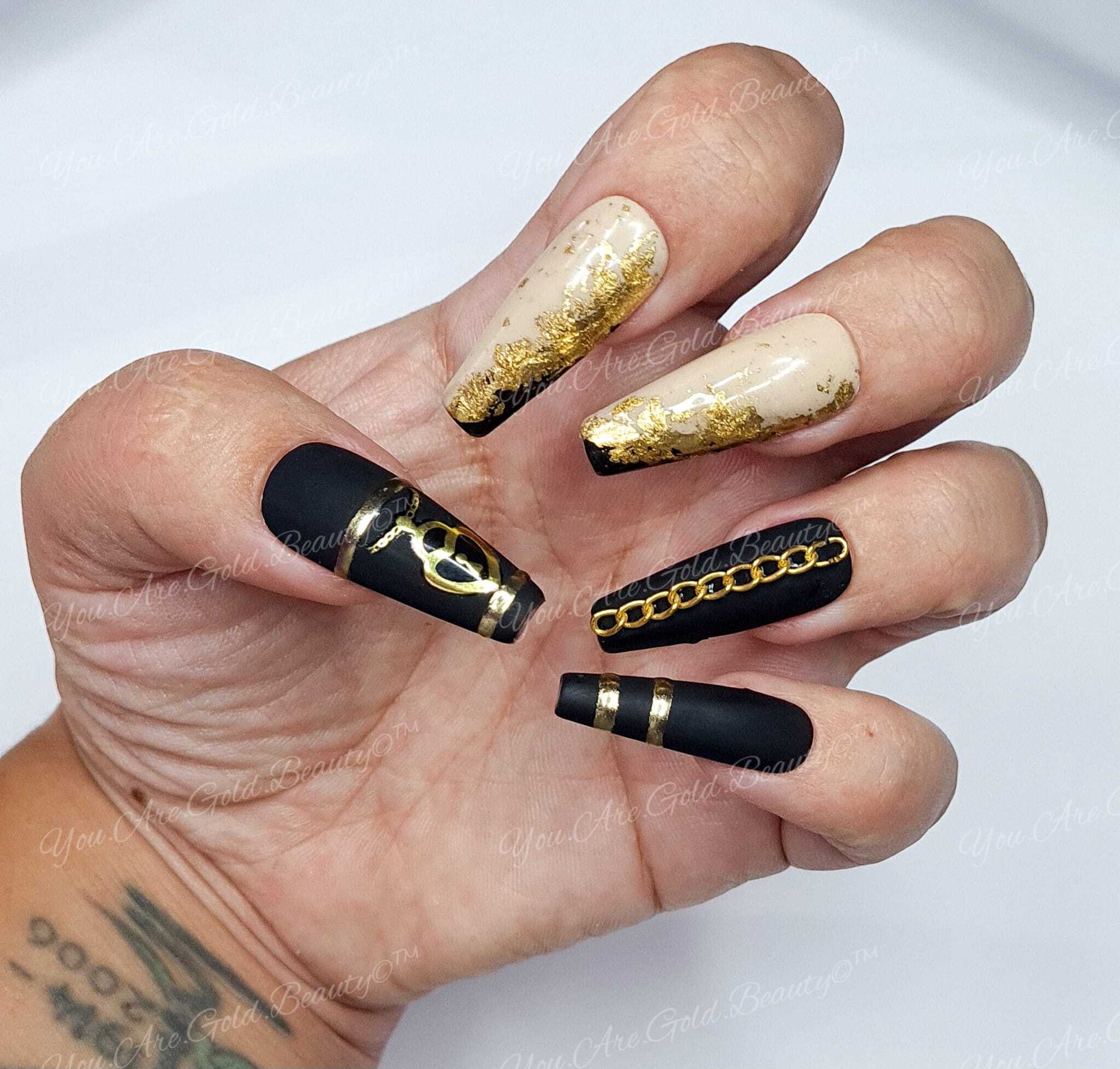 black and gold coffin shaped nails gold leaf nail designs press on nails uk, gold and black nails, coffin nails, coffin shaped nails, press on nails uk, matte black nails, gold nail designs, 