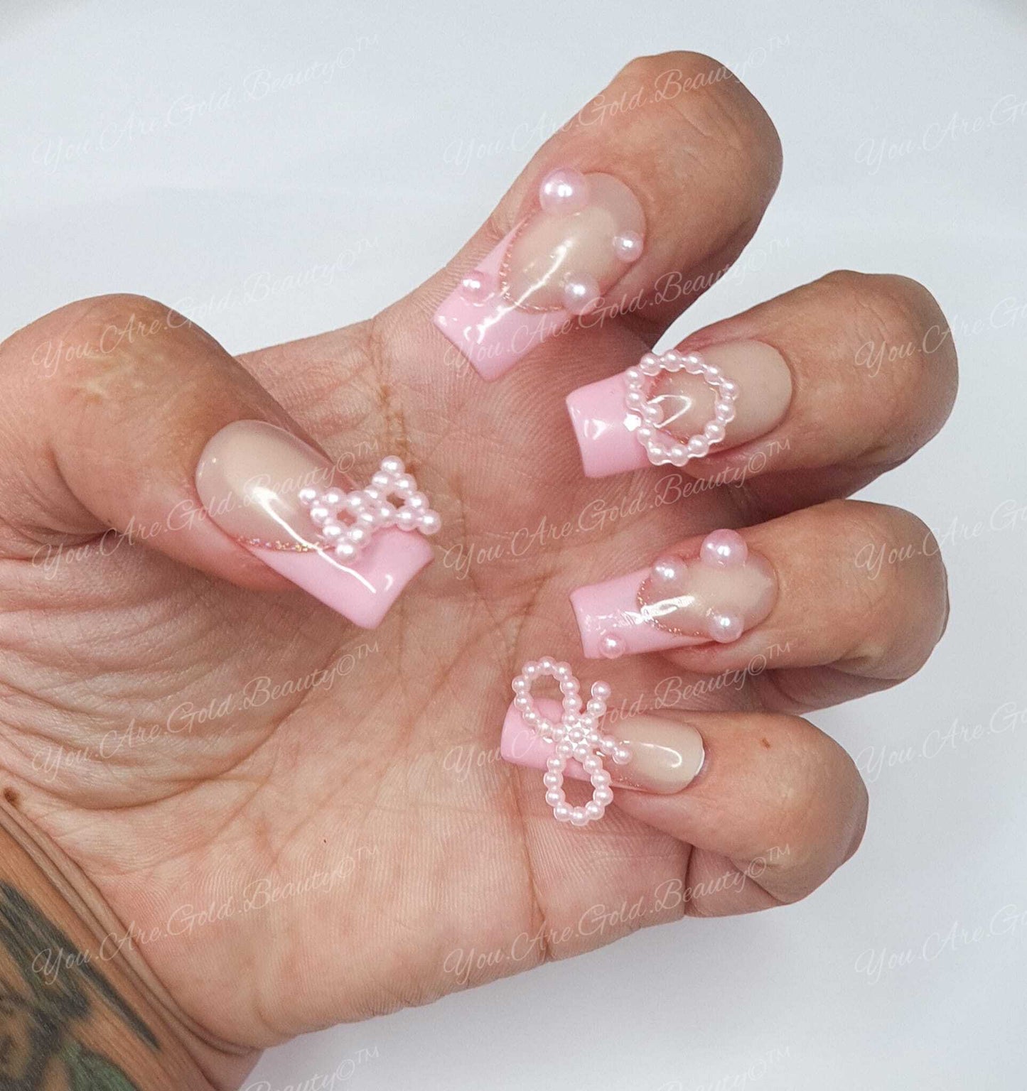 Baby pink french tip square nails glitter french tip  press on nails pearl nail designs, pink square nails, pearl pink nails, square nails, square shaped nails, press on nails uk, pink french tip nails, pink glitter nails,
