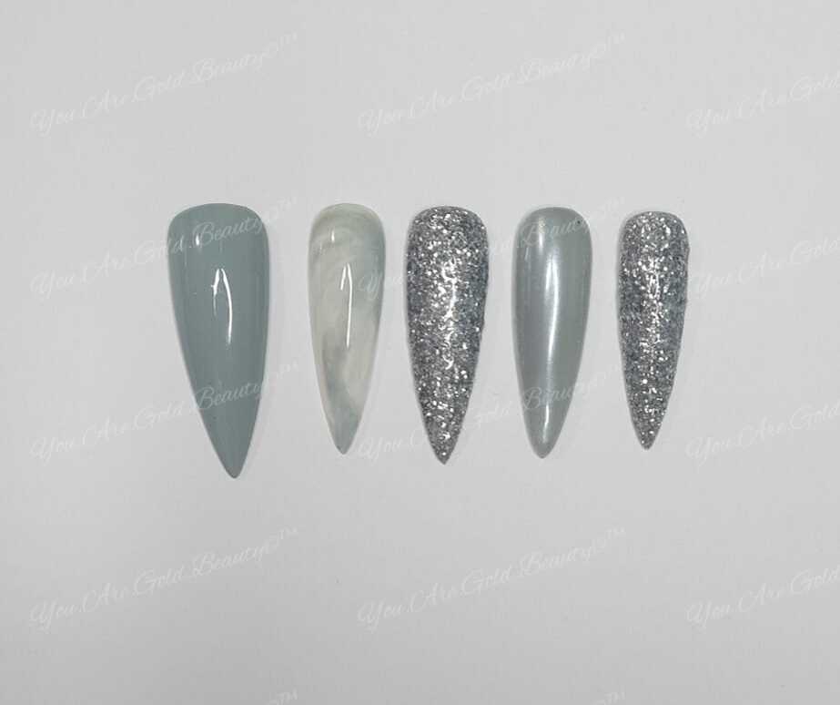 Press On Nails UK - Kostia - Marble Stiletto Nails Pearl Silver Glitter