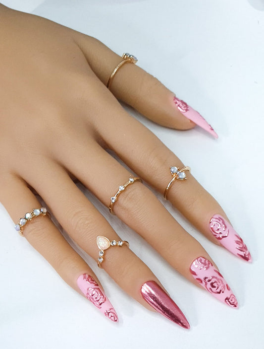 Press On Nails UK - Aiko - Stiletto Nails Pink Chrome Rose