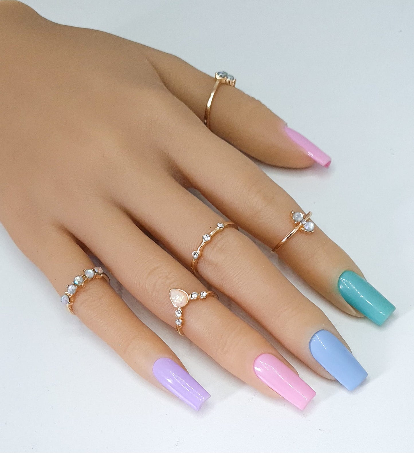 false nails medium square nails shape in multicolour pastel shades