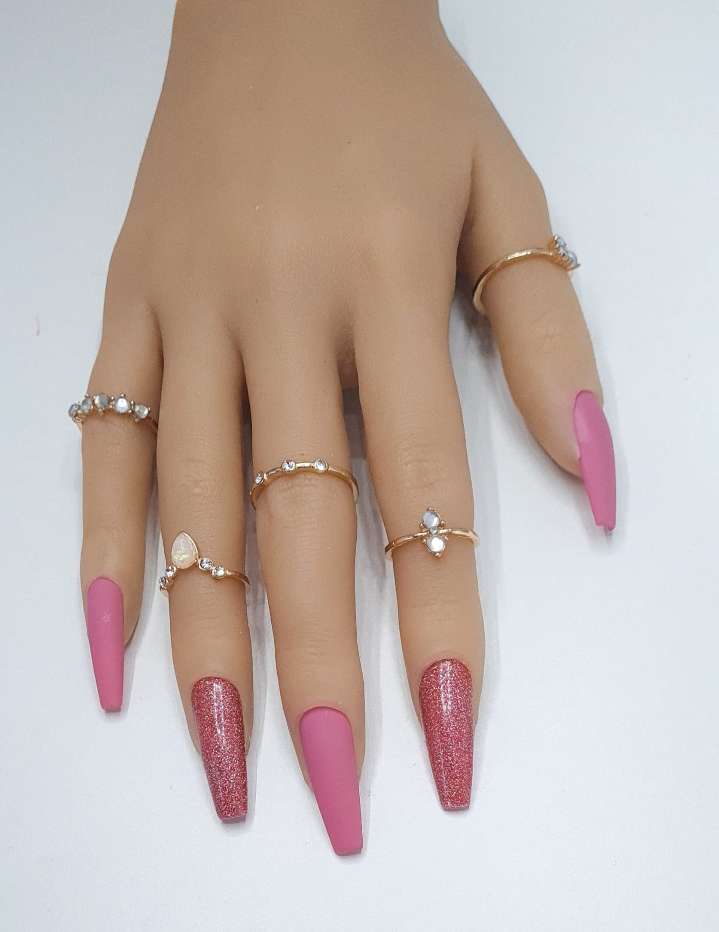 Press On Nails UK -Aoife Coffin Shaped Nails Matte Rose & Glitter