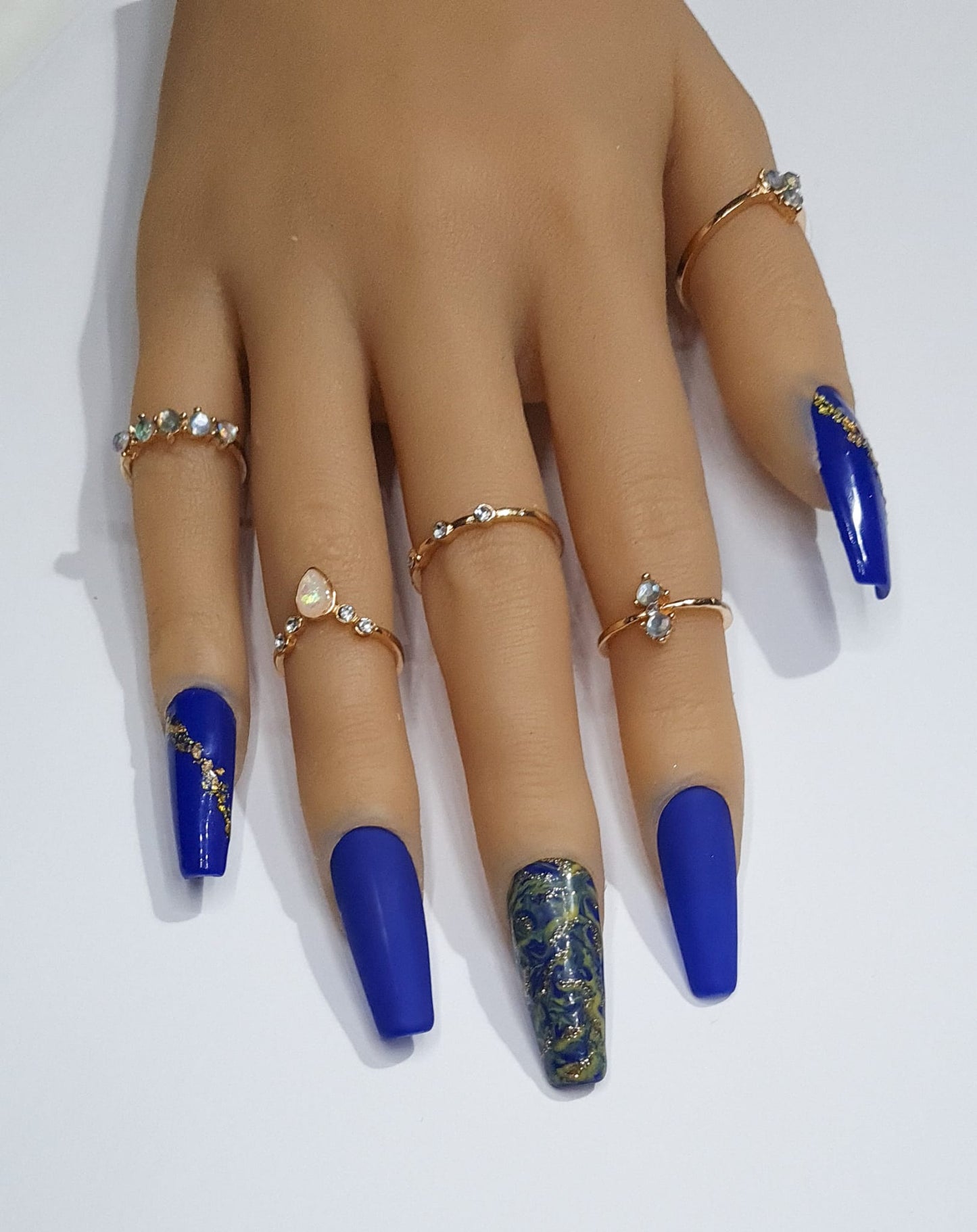 coffin shaped press on nails royal blue marble gold foil matte gloss Glitter Spring Summer Collection 