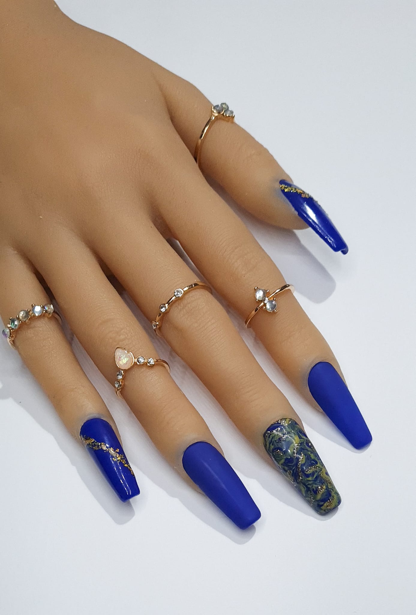 coffin shaped press on nails royal blue marble gold foil matte gloss Glitter Spring Summer Collection full cover gel tip luxury false nails salon quality hand painted custom made uk