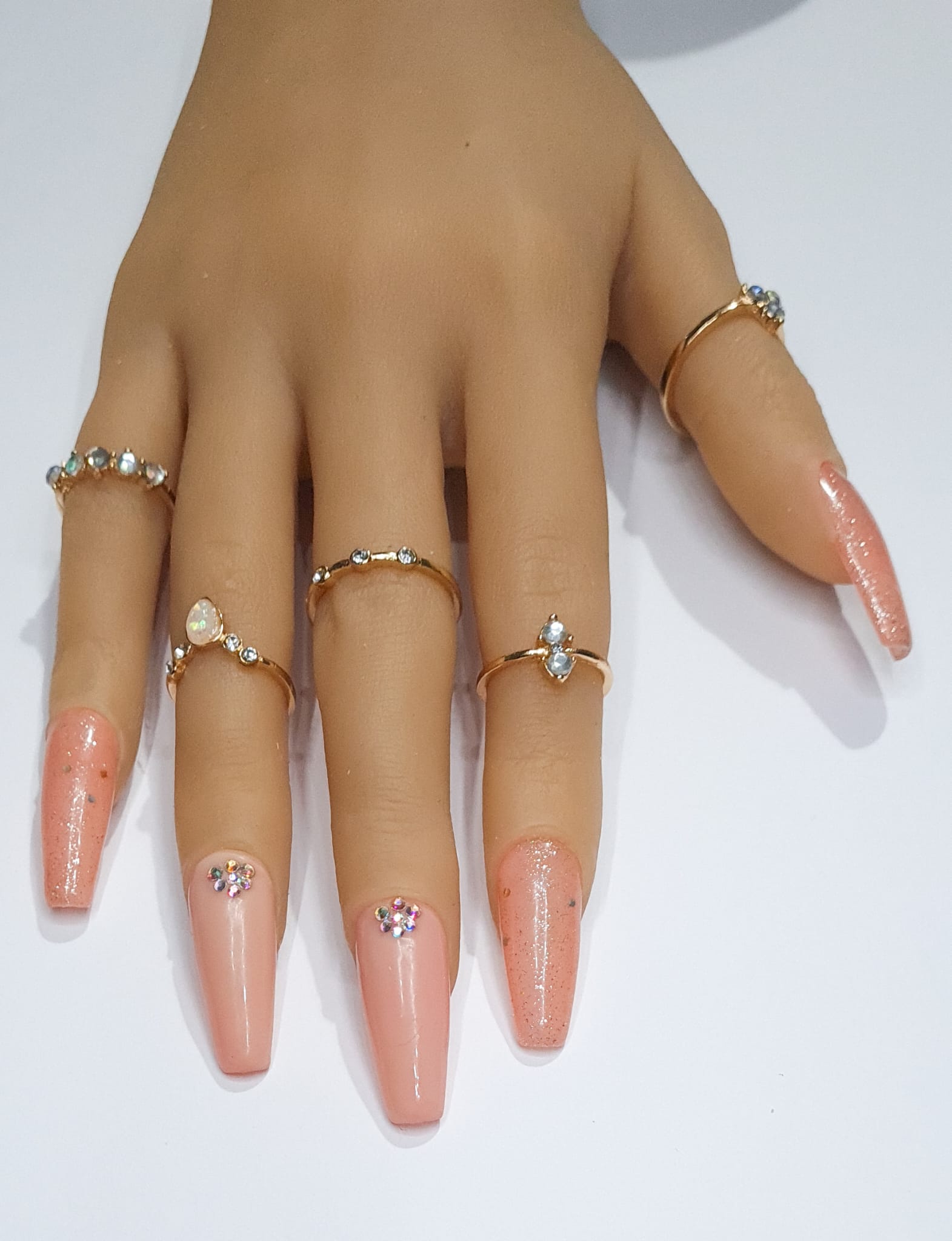  Press On Nails - Medium Coffin Shaped Nude Glitter with Rhinestone details bling spring summer collection full cover gel tip luxury false nails salon quality hand painted custom made uk