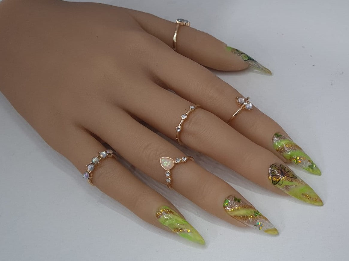 false nails stiletto nails shape with butterflies green marble glitter