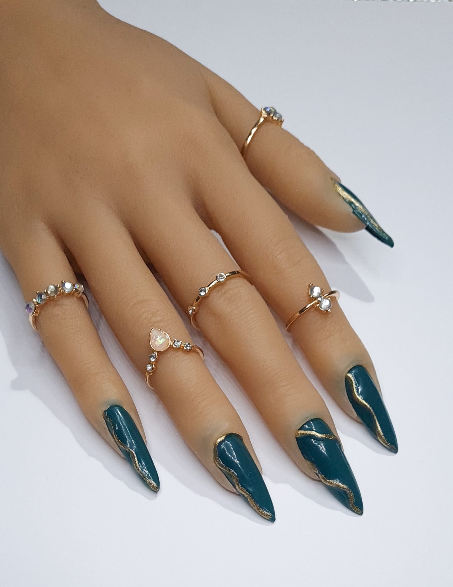 Press On Nails- Stiletto Shaped Emerald Green and Gold accent sexy spring summer collection full cover gel tip luxury false nails salon quality hand painted custom made uk