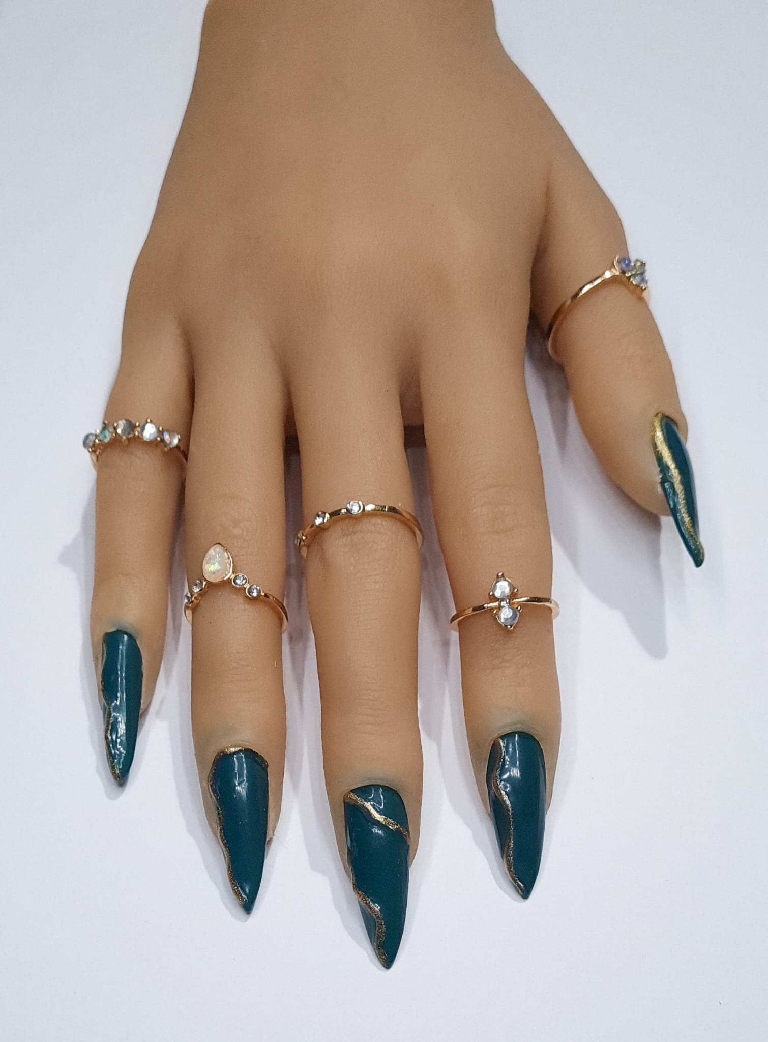 Press On Nails- Stiletto Shaped Emerald Green and Gold accent sexy spring summer collection full cover gel tip luxury false nails salon quality hand painted custom made uk