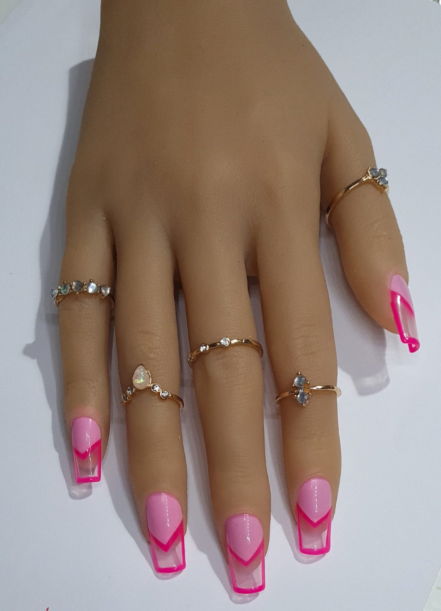 Press On Nails- Medium Square Shaped Hot Pink French Tip Spring/Summer 2023 collection full cover gel tip luxury false nails salon quality hand painted custom made uk