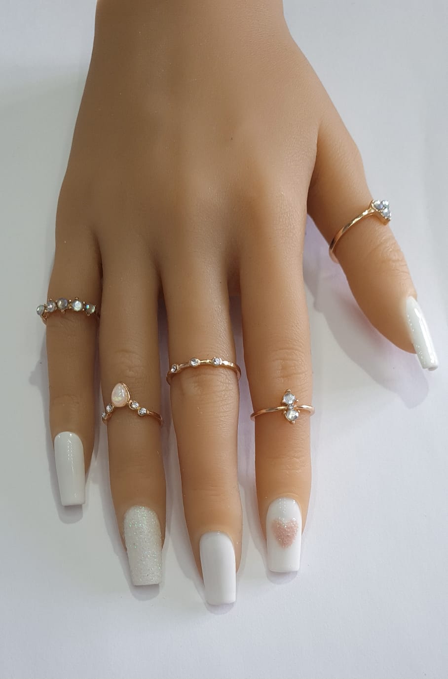 Press On Nails- Medium Coffin Shaped White with two glitter/heart Accent details Spring Summer collection full cover gel tip luxury false nails salon quality hand painted custom made uk