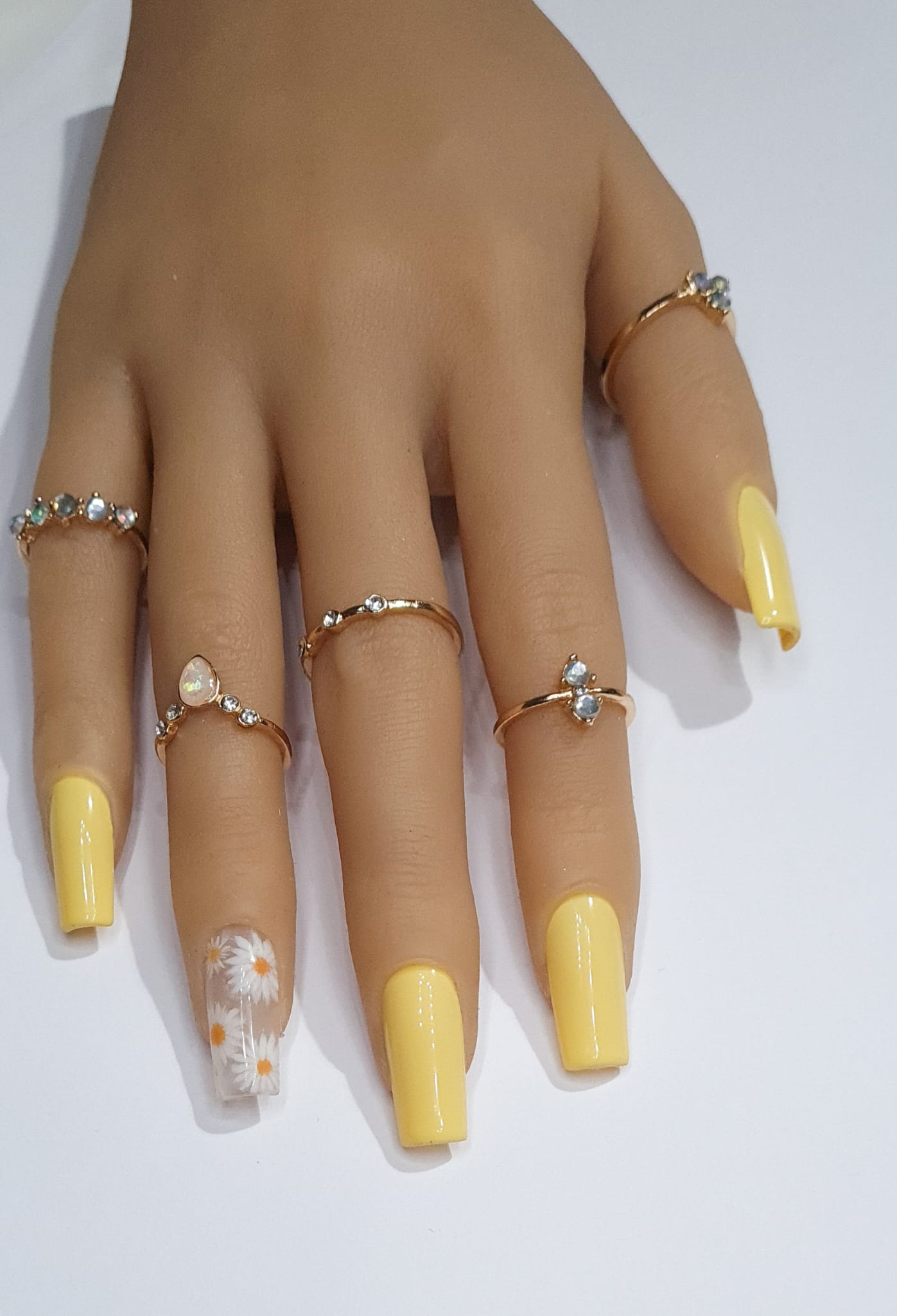 Medium Square Shaped Stunning Yellow flower design Spring/Summer2023 collection full cover gel tip luxury false nails salon quality hand painted custom made uk