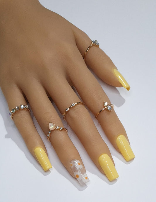  Medium Square Shaped Stunning Yellow flower design Spring/Summer2023 collection full cover gel tip luxury false nails salon quality hand painted custom made uk