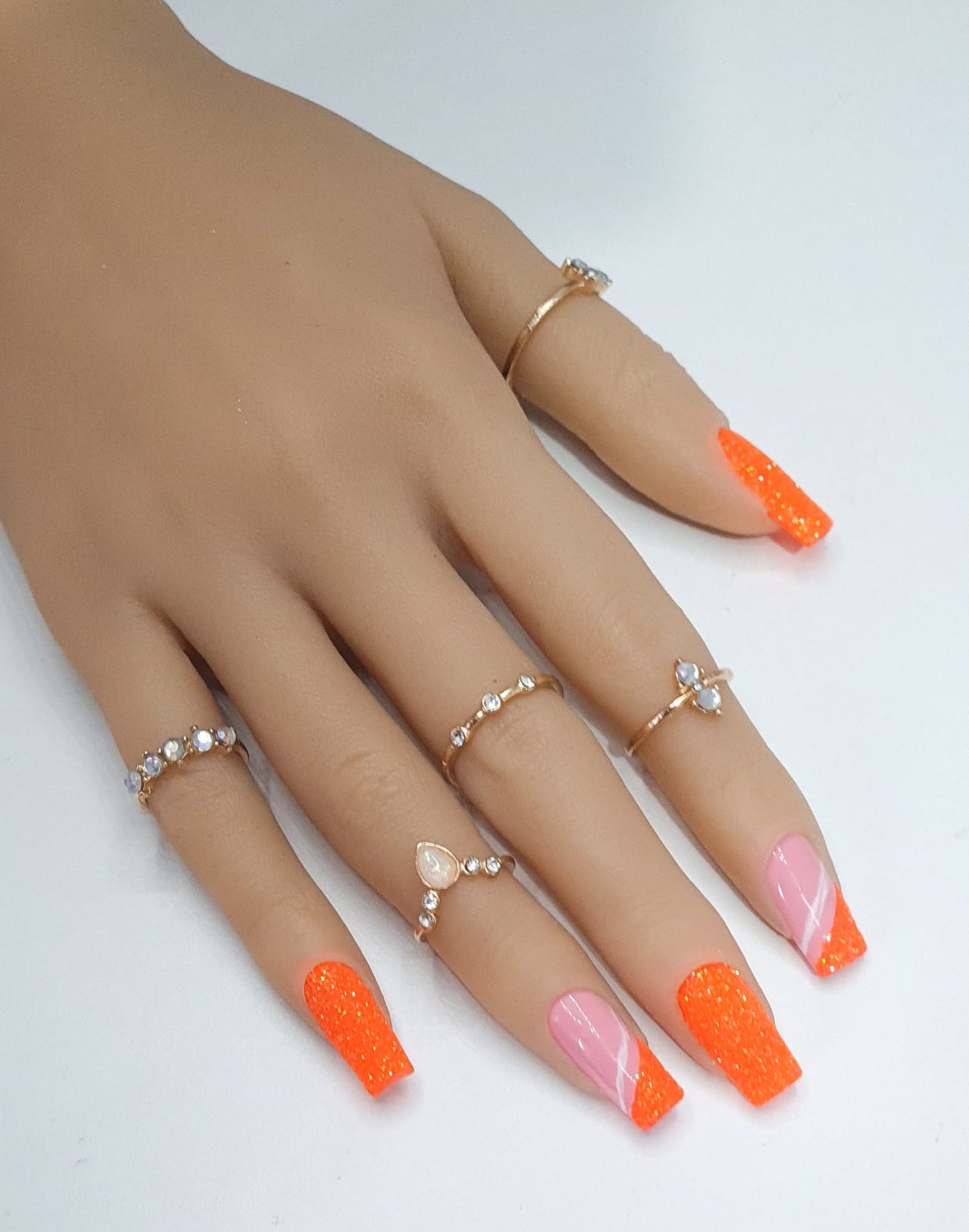 False nails medium square shape in a orange sugar glitter effect press on nails uk