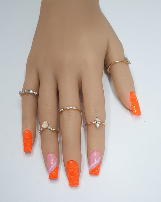 Press On Nails UK-Seraphina- Medium Square Nails Orange Sugar Glitter