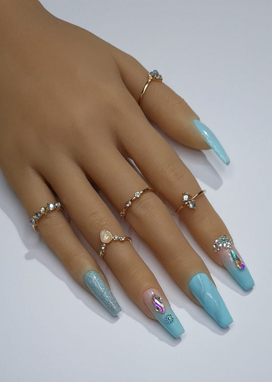 Aqua blue Press on nails rhinestone bling Spring/Summer2023 collection full cover gel tip luxury false nails salon quality hand painted custom made uk