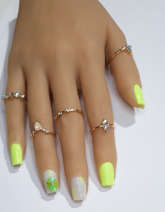 Press On Nails- Bright Vibrant Neon Green/white Green Flower Spring/Summer2023 collection full cover gel tip luxury false nails salon quality hand painted custom made uk