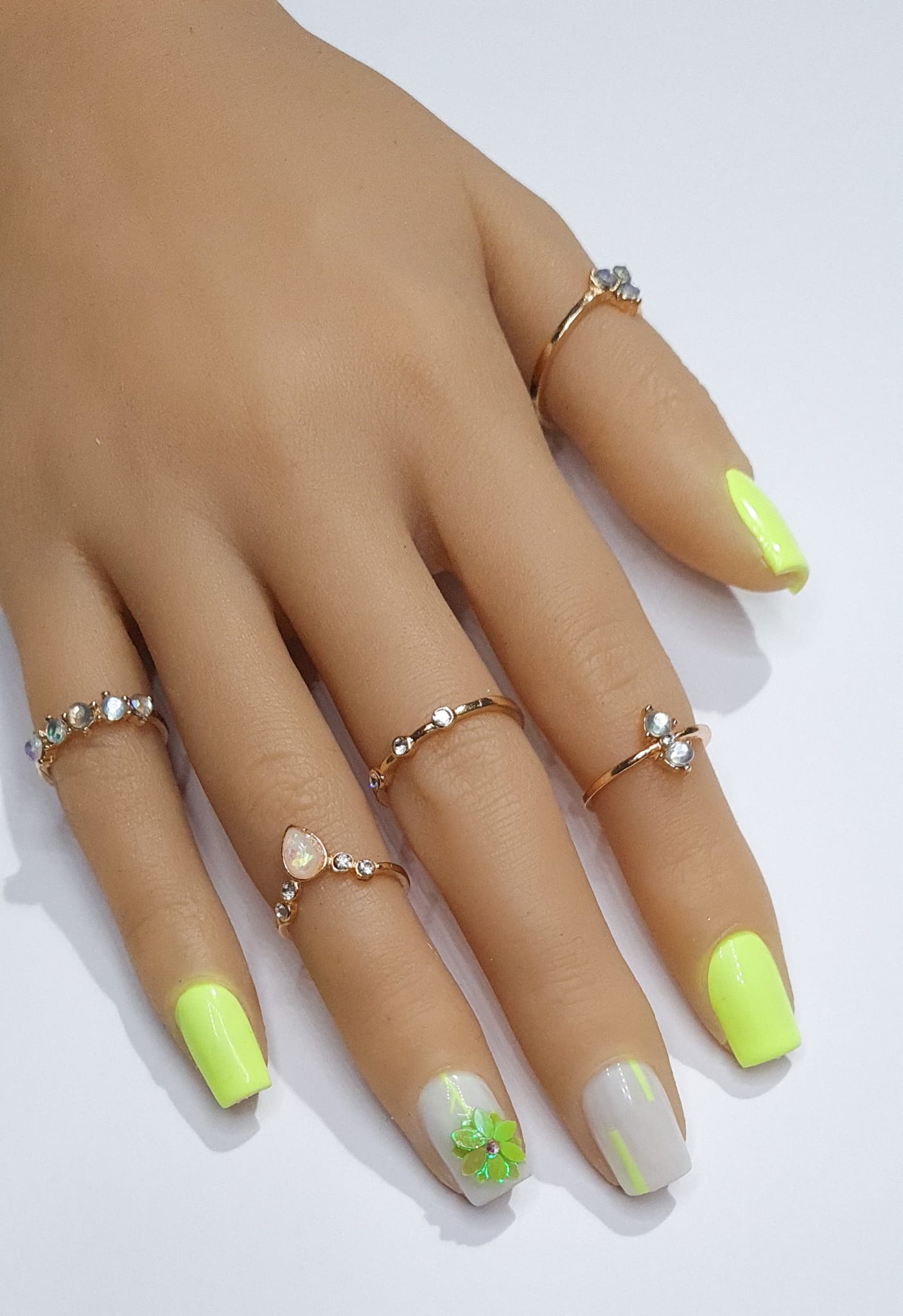  Press On Nails- Bright Vibrant Neon Green/white Green Flower Spring/Summer2023 collection full cover gel tip luxury false nails salon quality hand painted custom made uk