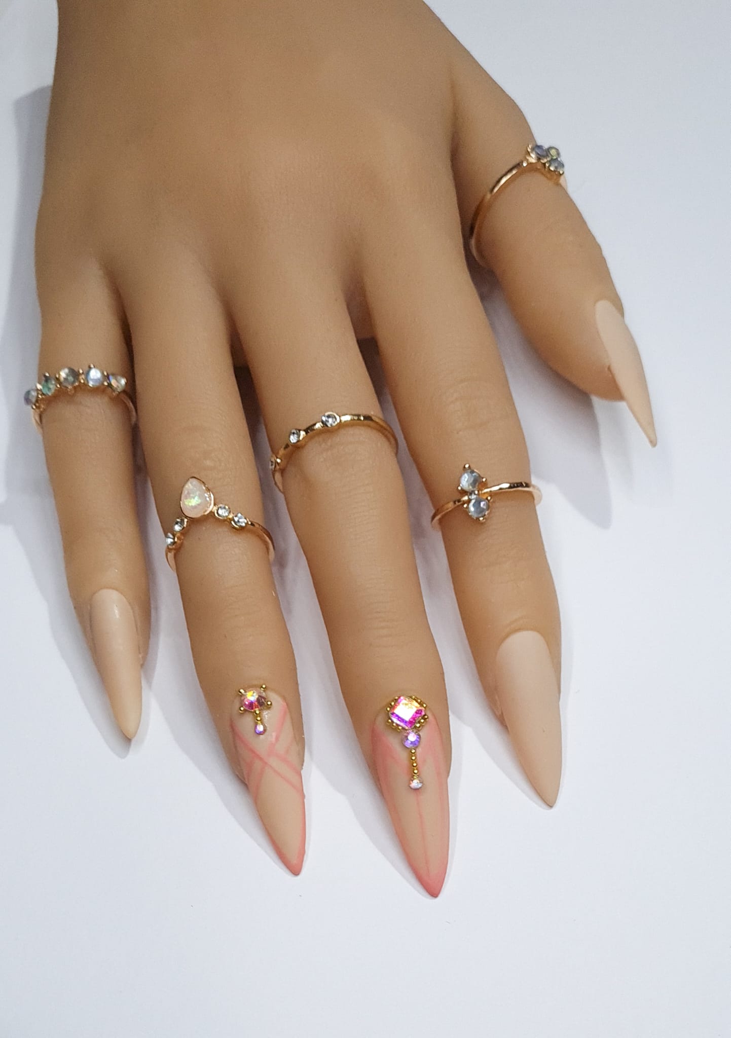 Stiletto shaped Matte Pink Press On Nails Rhinestone design accent nails spring summer collection full cover gel tip luxury false nails salon quality hand painted custom made uk