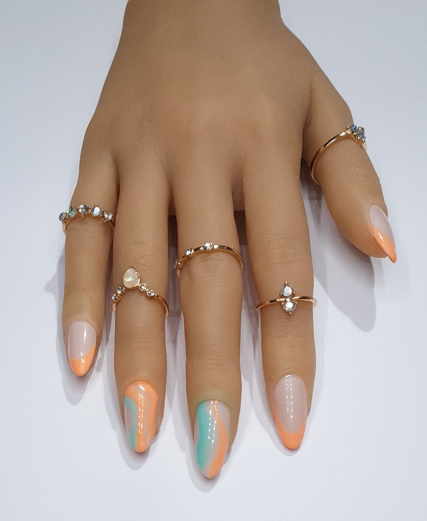 Press On Nails- Almond Shaped Two Tone Swirl French Tip mint green peach spring summer collection orange blue full cover gel tip luxury false nails salon quality hand painted custom made uk