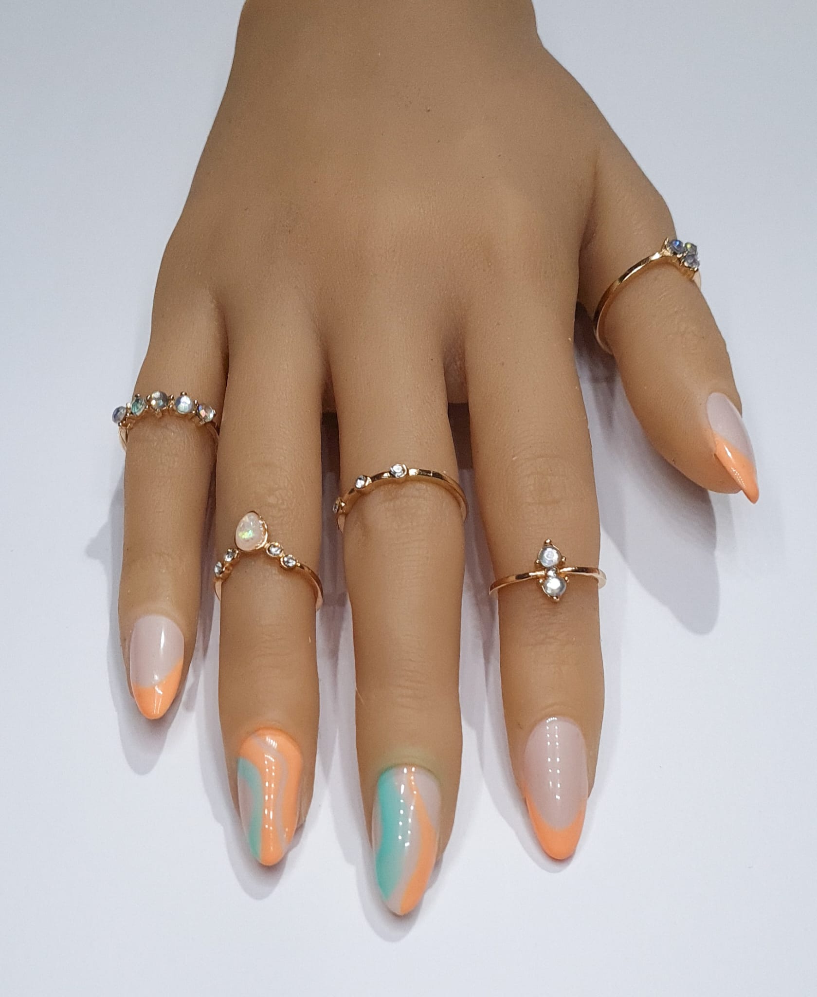 Press On Nails- Almond Shaped Two Tone Swirl French Tip mint green peach spring summer collection orange blue full cover gel tip luxury false nails salon quality hand painted custom made uk