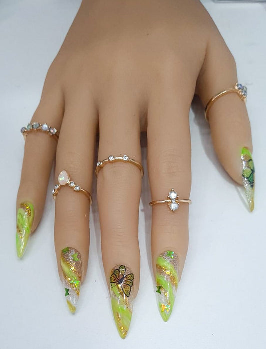 Press On Nails UK-Carmella Stiletto Nails Butterfly Marble Green
