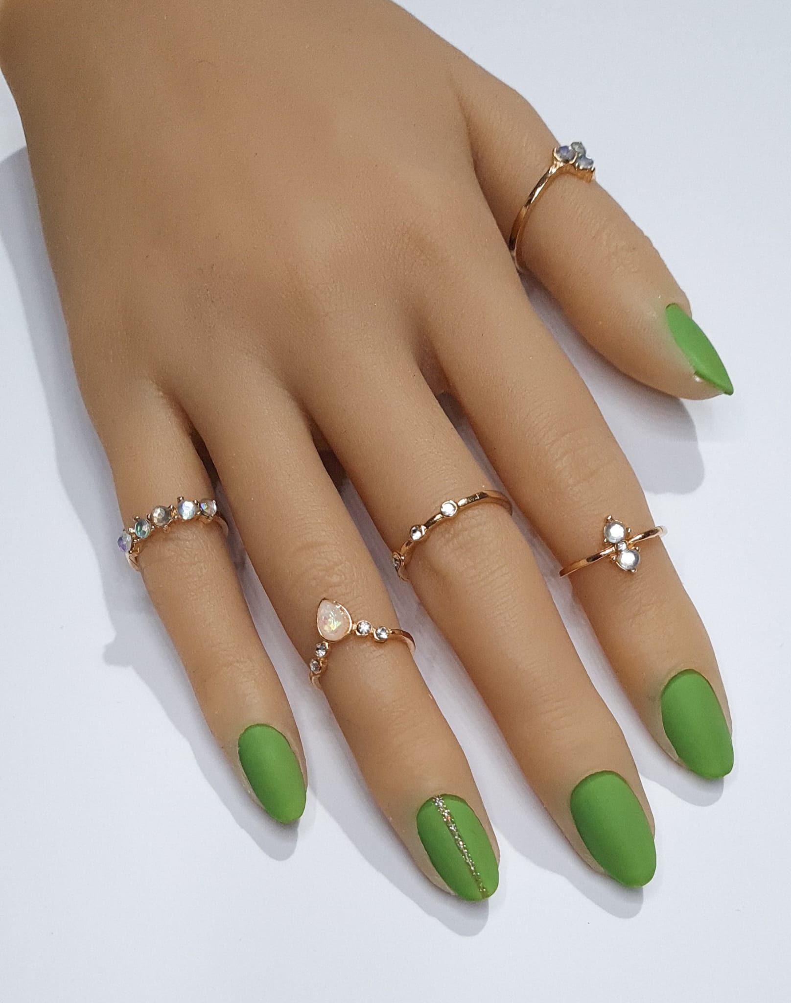 Press On Nails- Extra Short Almond Shaped Basic Grass Green Spring Summer Collection plain gold accent full cover gel tip luxury false nails salon quality hand painted custom made uk