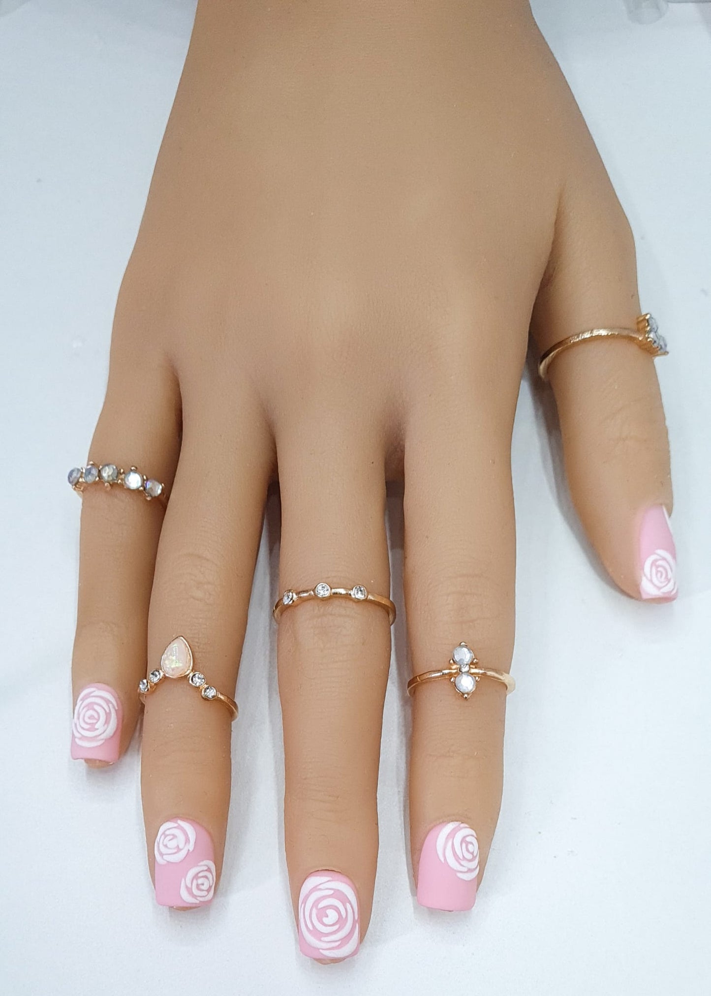 Press On Nails UK - Mya - Short Square Nails Matte Pink With White Rose