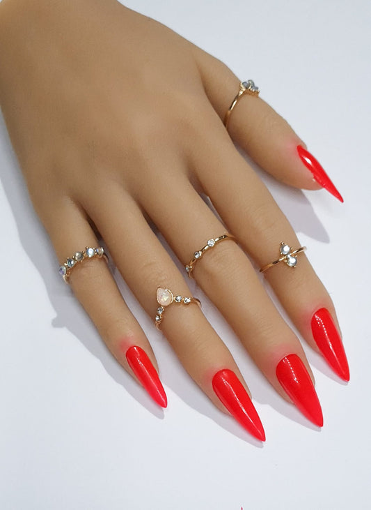 Basic fire red press on nails stiletto shaped vibrant Spring/Summer2023 collection full cover gel tip luxury false nails salon quality hand painted custom made uk