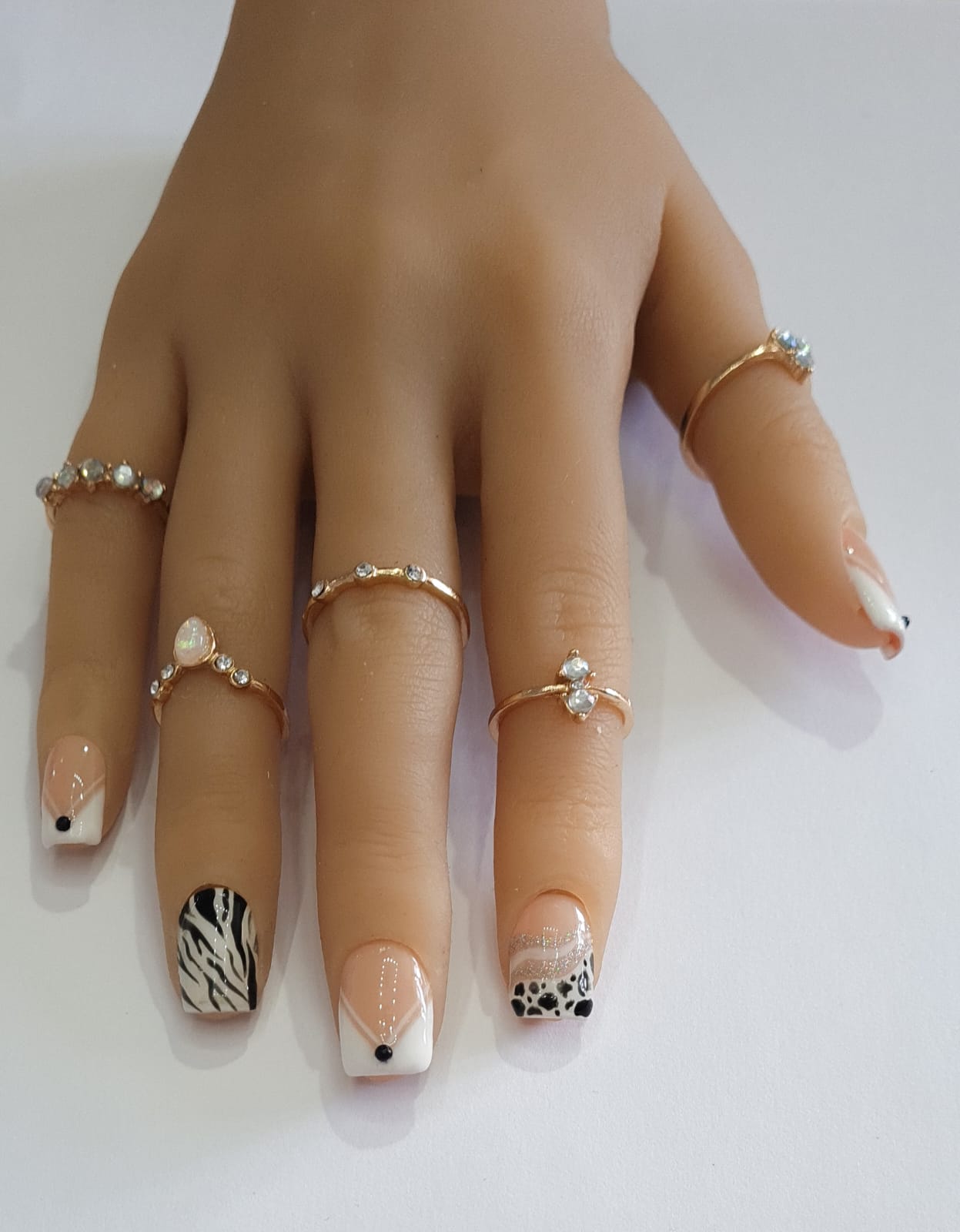 Press On Nails- Extra Short Square Shaped Black/white French Tip zebra and spots Spring/Summer2023 collection full cover gel tip luxury false nails salon quality hand painted custom made uk